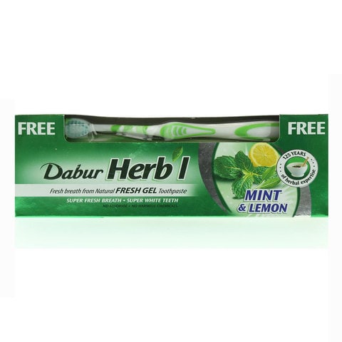 Dabur Herb&#39;L Toothpaste Fresh Gel Mint And Lemon 150 Gram + Toothbrush