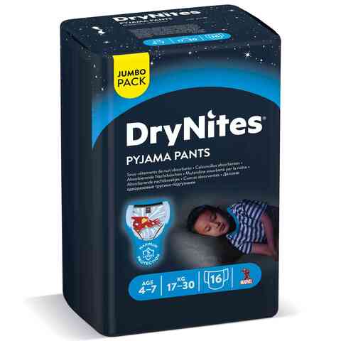 Huggies DryNites Pyjama Pants 4-7 Years Bed Wetting Diaper Boys 17-30 kg Jumbo Pack 16 Pants