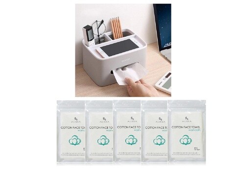 اشتري ALISSA 1 Pc Plastic Mulitifuncion Tissue Box (Grey) And 5 Pack Disposable Face Towel Storage Organizer Desktop Tissue Holder في الامارات