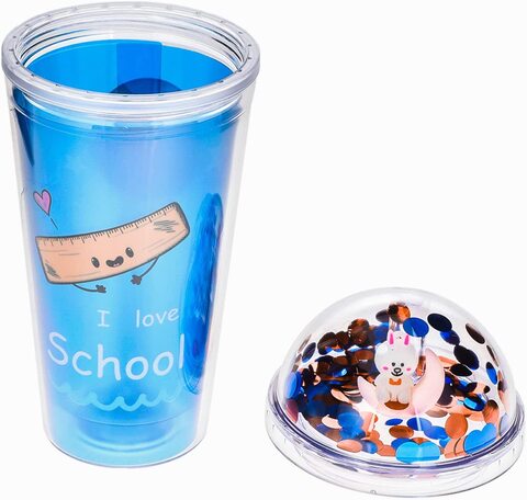 Fashion plastic Water Bottle Sipper Cup, 550ml Tumbler with Lid and Straw, Double Wall Travel Mug , Re-usable Water Cup (Blue)
