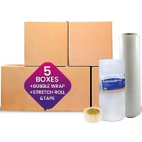 Generic Recyclable Corrugated Cardboard Boxes, Brown Carton Packaging 5 Box With Bubble Wrap, Stretch Roll &amp; Tape Bundle Offer Packing Set Of 8 Items, 58x58x78 cm