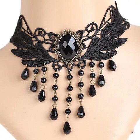 Generic -Vintage Black Lace Choker Necklace Charm Ribbon Wedding Bijou Collar Jewelry Hollow Velvet Short Chain Jewellery