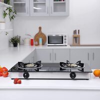 Olsenmark - OMK2317 Tempered Glass Double Burner Gas Stove - Auto Ignition - Stainless-Steel Drip Pan - Cast Iron Pan Burner