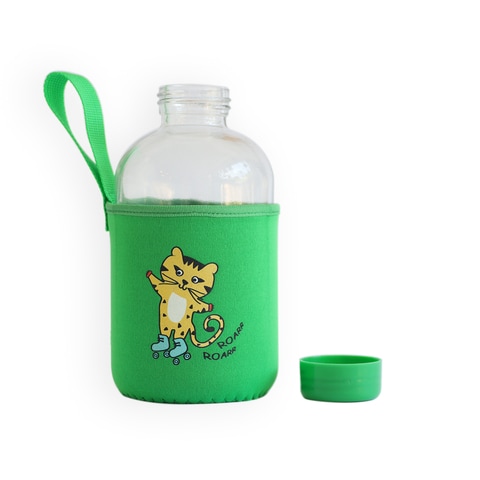 Milk&amp;Moo Skater Cheetah Kids Glass Water Bottles, Water Bottles For School, Neoprene Sleeve, Leak Proof, Spill Proof, BPA Free, Toddler Water Bottle, Cute Design, 20 oz, 600 ml