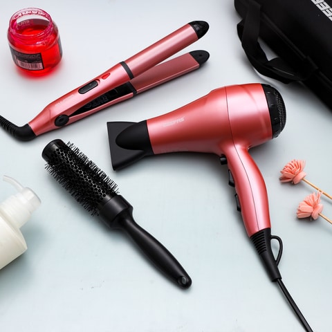 Hair dryer outlet curler straightener set