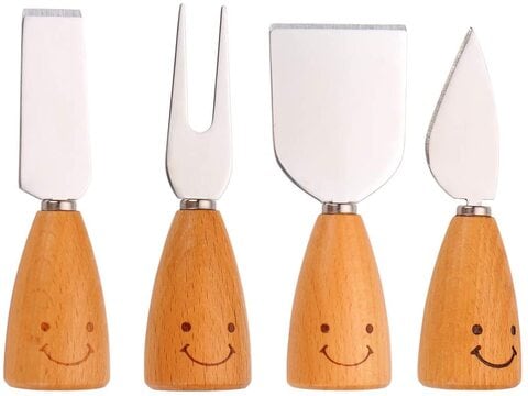 4 Pieces Stainless Steel Cheese Cutter Set with Wooden Smiley Handle, Cheese Slicer Knife Fork Serving Tools
