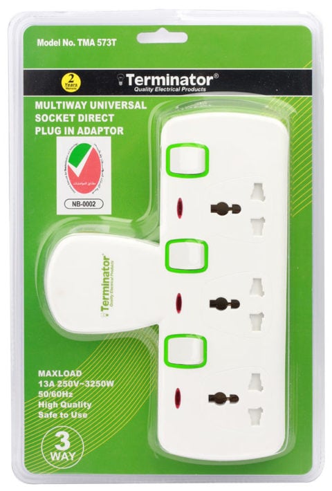 Terminator - 3 Way Universal T-Socket Multi Adaptor With Individual Switches &amp; Indicators 13A Esma Approved