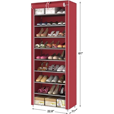 Homarket 9 Tier Shoe Rack with Dustproof Cover Shoe Shelf Storage Organizer Wine red(GC2381A)