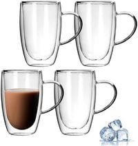 1CHASE Double Wall Insulated Coffee Tea Cups 450ml, Clear Coffee Mugs - Espresso, Cappuccino, Tea, Latte Cups, Cold/Hot Beverage - Set Of 4