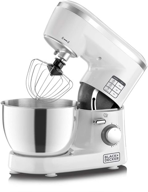 Black+Decker 1000W 6 Speed Stand Mixer with Stainless Steel Bowl, White/Silver - SM1000-B5