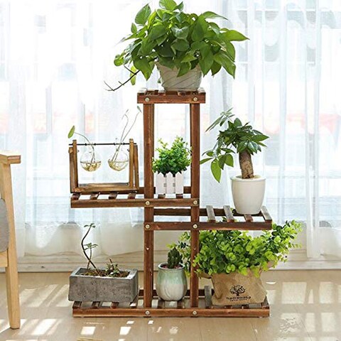 LINGWEI Multi-tier Solid Wooden Higher and Lower Plant Flower Pots Display Stand Holder Shelves For Garden Balcony Livingroom Patio Style-1