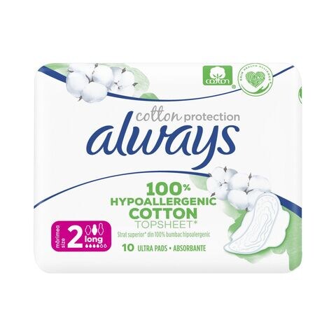 Always Pure Cotton Protection Ultra Thin Long Sanitary Count With Wings White 10 count
