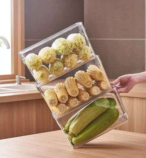Medium Clear Plastic Stackable Refrigerator Bins, Food Storage Containers Box with Lid, Organizers for Kitchen, Pantry &amp; Bathroom (4 Pcs)