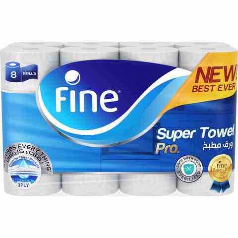 Fine Super Towel Pro Highly Absorbent Sterilized &amp; Half Perforated Kitchen Paper Towel 3 Plies Pack of 8 Rolls. New &amp; Improved