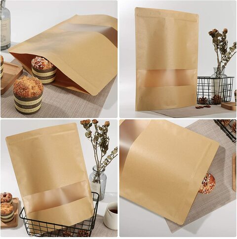 Generic Kraft Stand Up Pouch Bags, 50Pcs 18*26Cm Kraft Paper Zipper Pouch, Storage Brown Paper Bags With Zip Lock And Transparent Window