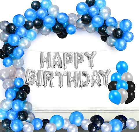 Party Time 101-Pieces Blue &amp; Silver Happy Birthday Decoration Set with Foil Balloon Banner &amp; Latex Balloons For Prince Boys Adult Husband Boy Friend 21st 30th 40th 50th 1st Birthday Party Decoration