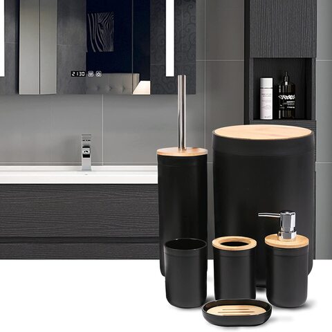 Bamboo Bathroom Accessory Set, 6 Pieces Bath Set- Soap Dish Toothbrush Holder Rinse Cup Lotion Bottle Trash Can Toilet Brush - Practical Toilet Kit for Home Washing Room，Black