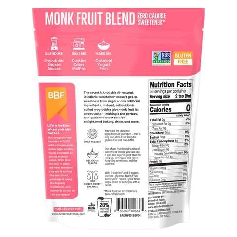 Better Body Foods Monk Fruit Zero Calorie Sweetener 454g