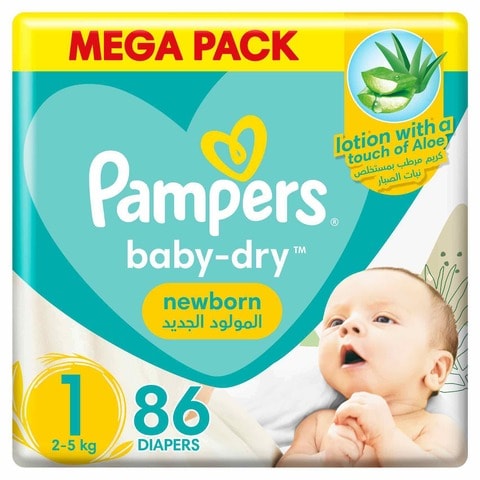 Pampers Aloe Vera Taped Diapers,  Size 1, 2-5kg, Mega Pack, 86 Diapers&nbsp;