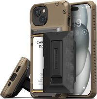 VRS Design Damda Glide Hybrid for iPhone 15 case cover wallet [Semi Automatic] slider Credit card holder Slot [3-4 cards] &amp; Kickstand - Khaki Groove