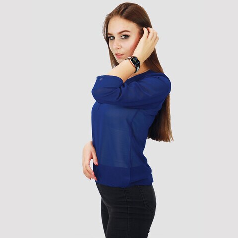 KIDWALA Size XL, Women&#39;S Tops, Tees &amp; Blouses 3/4 Quarter Sleeve Navy Blue Round Neck Chiffon Blouse With Buttons