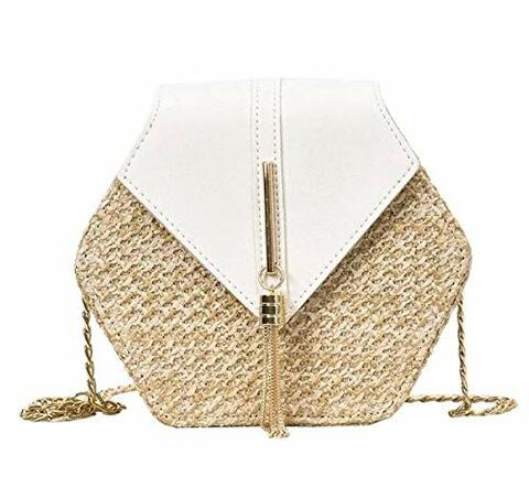 Aiwanto Women Handbag, Straw &amp; Leather Bag, Summer Beach Handbag, Chain Shoulder Ladies Purse, Bohemian Woven Crossbody Bags.