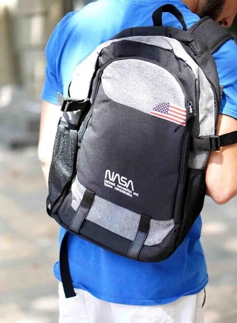 NASA Oxford Backpack, 300D Material, Embroidery Logo, Zipper, -Inside Pockets, Laptop Pocket &amp; Side Pockets, Travel friendly Trolley Sleeve, USB Charging Port - Black