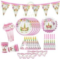 Party Time 43-Pieces Pink Unicorn Party Tableware Sets Disposable Dinnerware Plates, Cups, Hats, Shades, Straws and Blow-outs Serves 6, For Unicorn Themed Birthday Party Supplies