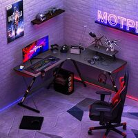 Gameon L-Shaped Slayer, Series Gaming Desk, 129x129x74cm &amp; Table Top 80x46cm, With Headset Hook, Cup Holder &amp; Accessories Stand - Black