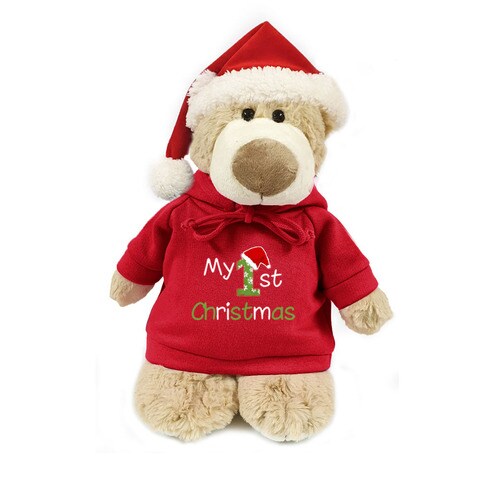 Caravaan -Super soft fluffy christmas mascot bear with My 1st Christmas print on trendy red hoodie and cute santa hat. Size 28cm. Ideal for Christmas gifting, boys, girls, family festivities and celeb