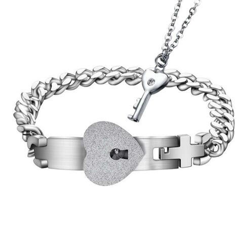 Aiwanto Couple Bracelet and Necklace Key Lock Set Lovers Jewelry Valentine&#39;s Day Gift for Couples(Silver)