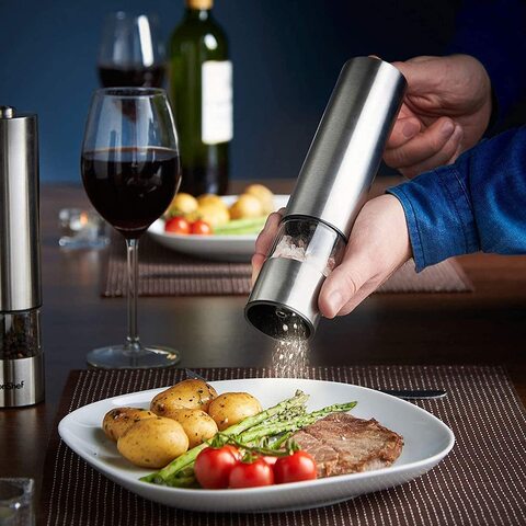 Salt and Pepper Grinder Mill Set, Stainless Steel, Glass Body with  Adjustable Coarseness - 2pcs white cover