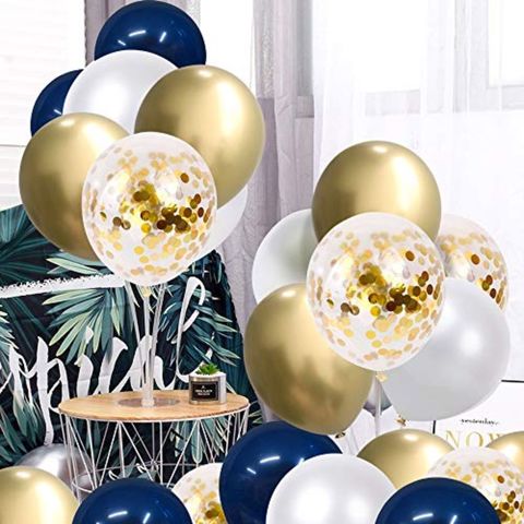 Thomtery Navy Blue And Gold Confetti Balloons, 50 Pcs 2 Inch Pearl White And Gold Metallic Chrome Birthday Balloons For Celebration Graduation Party Balloons
