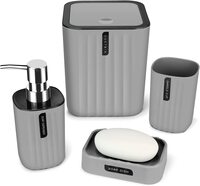 Generic Bathroom Accessory Set - 4 Piece Grey Bathroom Accessories Set With Trash Can, Soap Dish, Soap Dispenser, Toothbrush Cup, Bathroom Decor Sets With Desktop Small Trash Can - Grey Stripe