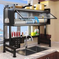 HEXAR&reg; Heavy Duty Over The Sink Dish Drying Stand 3 Tier Large Dish Rack Over The Counter Dish Drying Rack for Kitchen Sink Shelf with Door Dish Organizer with Dust-Proof Cabinet (3 TIER with SHELF)