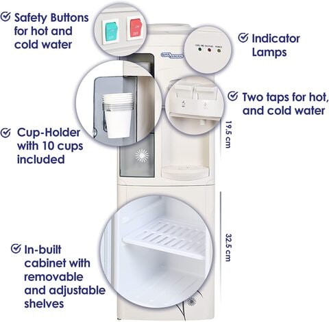 Super General Hot and Cold Water Dispenser, Water-Cooler with Cabinet and Cup-Holder, Instant-Hot-Water, 2 Taps, SGL-1171, White/Grey, 31.2 x 32.5 x 96 cm, 1 Year Warranty