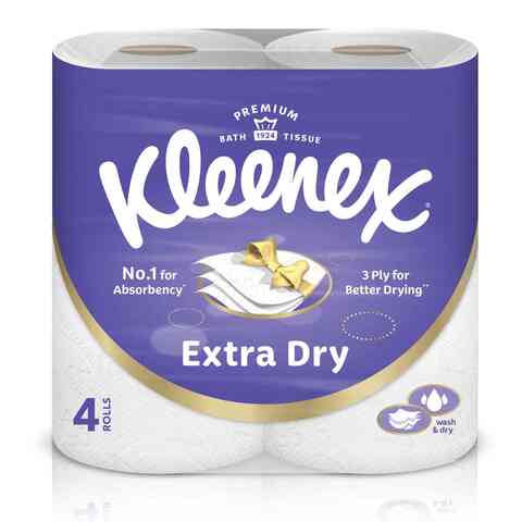 Kleenex Extra Dry Toilet Tissue Paper 3 Ply 4 Rolls x 160 Sheets Embossed Bathroom Tissue With Superior Absorbency