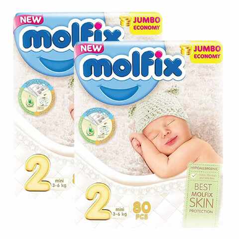 Molfix Baby Diapers (Size 2), 3-6 kg, 80 Count x 2 packs (160 diapers)