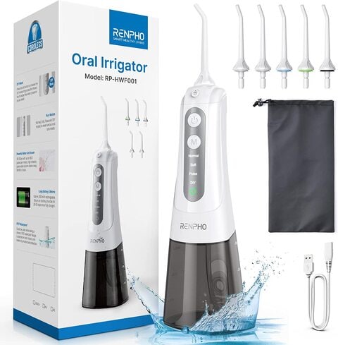 Renpho Oral Irrigator Cordless Water Flosser, Rechargeable, 300ml (Waterproof Dental Flosser Water Pick For Teeth, Portable Teeth Cleaning Kit, With 4 Modes For Travel, Household)