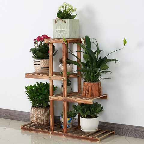 LINGWEI Multi-tier Solid Wooden Higher and Lower Plant Flower Pots Display Stand Holder Shelves For Garden Balcony Livingroom Patio Style-1