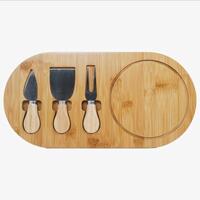 Bamboo Cheese Board with Cutlery &amp; Knives Slot Holder Organiser Set (3 Cheese Knives Included)