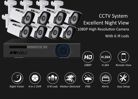 XBW - 8Channel CCTV security Kit 1080P/2.0MP 1920X1080 Camera 8CH Surveillance DVR kit with 8pcs 2.0mp 1080P Metal Outdoor Bullet Camera Alarm System&amp;P2P Home Security(Not HDD)