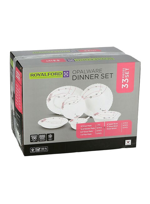 Royalford 33-Piece Opalware Dinner Set White/Black/Red
