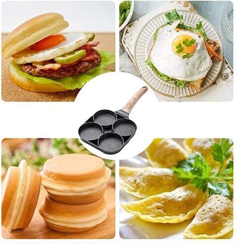 4 Hole Omelet Pan for Burger Eggs Ham Pancake Maker Wooden Handle Frying Pot Non-Stick Cooking Breakfast