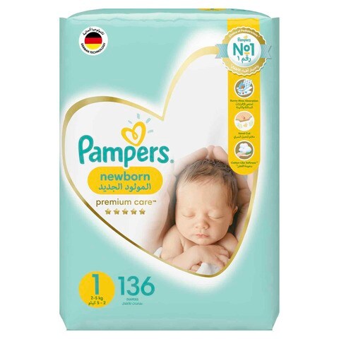 Pampers Premium Care Newborn Taped Diapers Size 1 (2-5kg)  136 Diapers