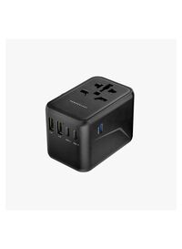 Powerology Universal Travel Adapter Multi-Port 65W, 3X Type-C/2X USB-A Ports, Fast Charging , Quick Charging, Secure To Use, Anti Heating, Latest Technology - Grey
