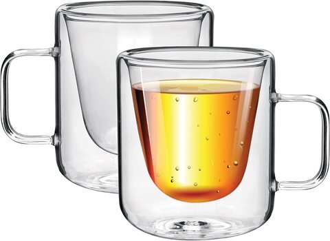 Royalford Brs 2Pc Double Wall Mug Set 200ml L Double Wall Cup, Elegant Classic Design, Perfect Glasses For Water, Juice, Beer, Wine, And Cocktails And All Purpose