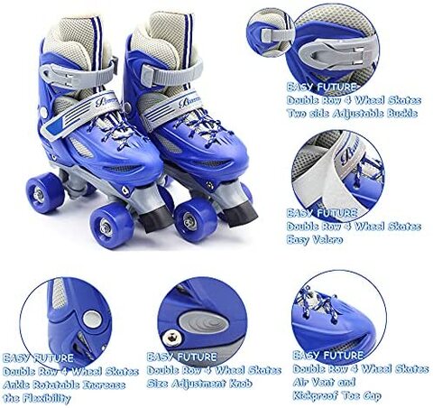 EASY FUTURE Roller Skates Adjustable Size Double Row 4 Wheel Skates Children Skates for Boys And Girls Including Protective Gear Knee Elbow Wrist Blue Small (31-34)