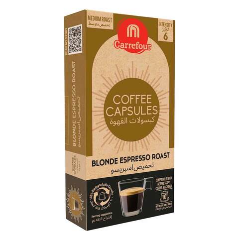 كبسولات قهوة كارفور بلوند إسبريسو تحميص متوسط الكثافة 5 جم × 10 قطع