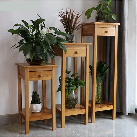 LINGWEI 3-Pieces Set Wooden Coffee Table with Storage Rack Simple Corner Living Room Sofa Side Table Living Room Telephone Stand Flower Racks Pots Shelf